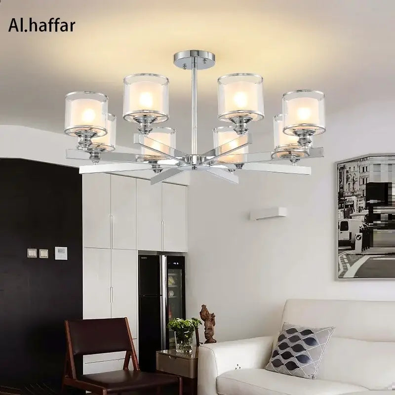 Modern chrome double glass led crystal chandelier with six clear glass shades and sleek geometric design for living room