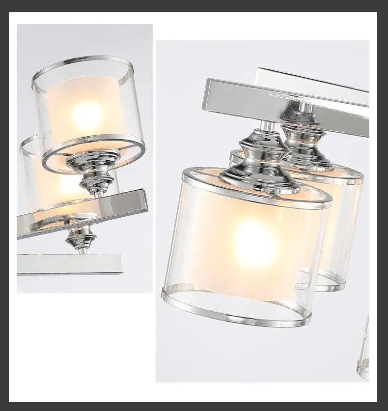 Modern chrome double glass led crystal chandelier with clear cylindrical shades and warm diffused lighting for living room