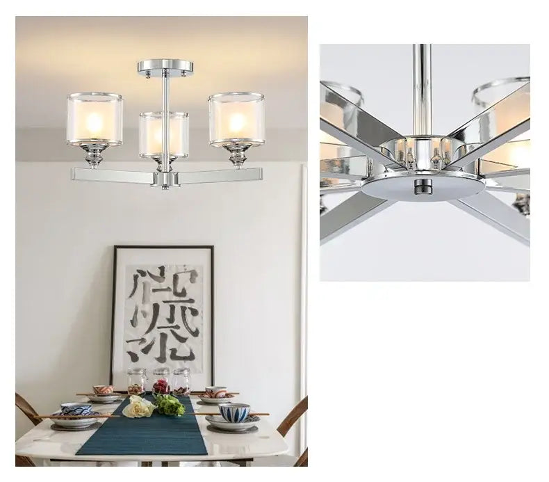 Modern chrome double glass led crystal chandelier with three cylindrical glass shades for living room lighting