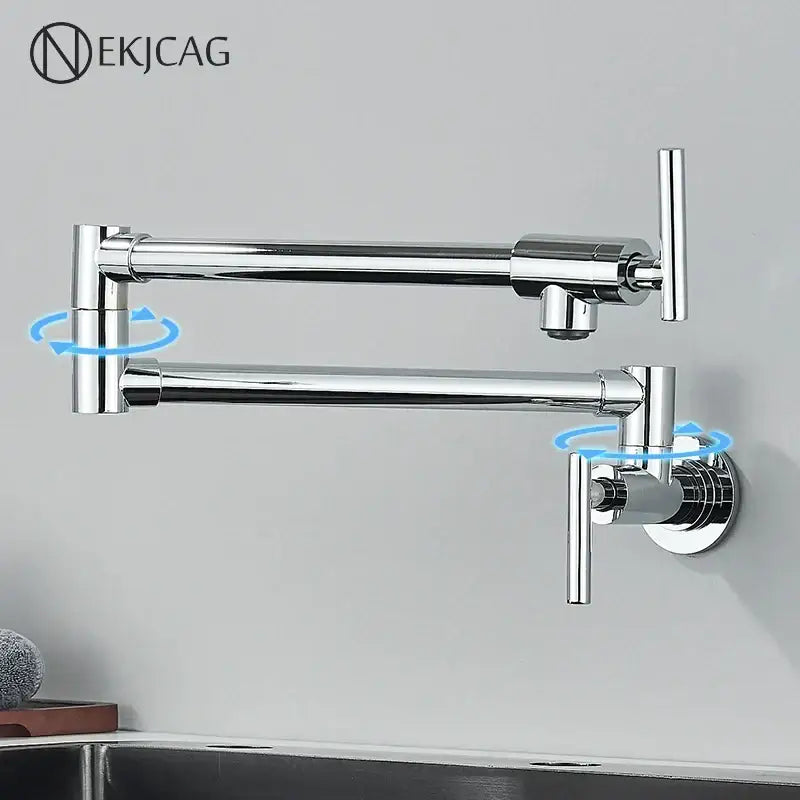 Modern chrome double joint pot filler faucet with extendable dual rotating arms for kitchen wall mount use