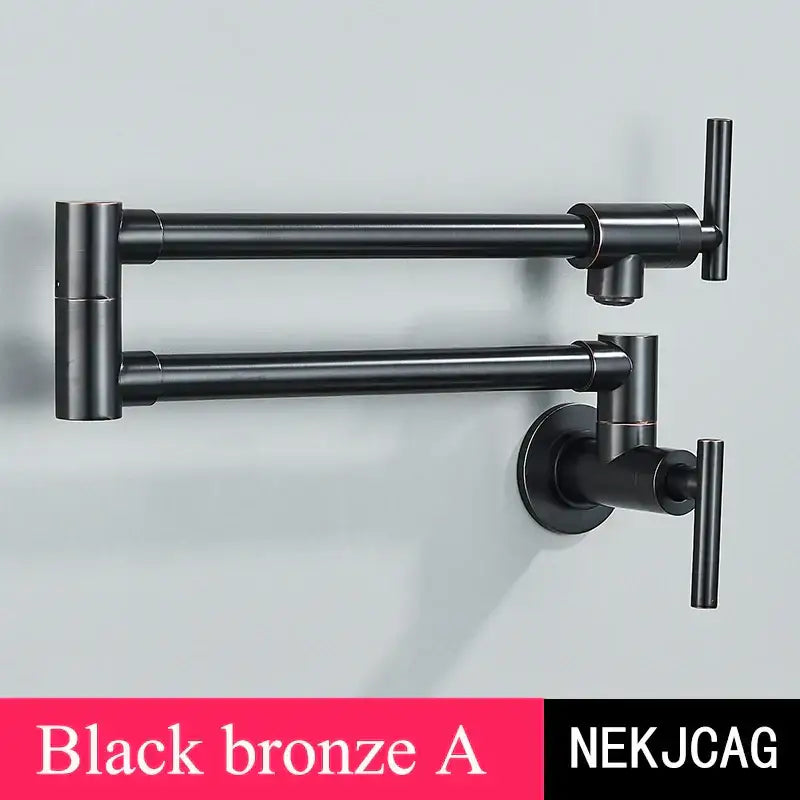 Black bronze wall-mounted pot filler faucet with articulated design and two t-shaped handles for kitchen use
