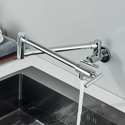 Modern chrome double joint pot filler faucet with articulated design and dual handles for hot and cold water control