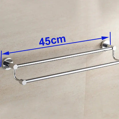 Modern chrome double towel bar with 45cm length, double towel tiers, and circular wall-mounted ends for bathroom use