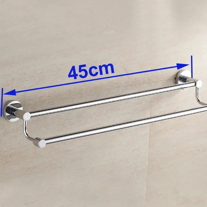 Modern chrome double towel bar with 45cm length, double towel tiers, and circular wall-mounted ends for bathroom use