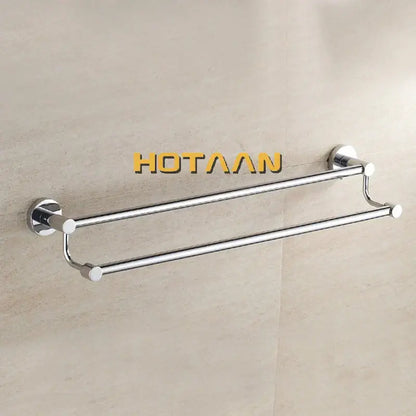 Modern chrome double towel bar bathroom rack featuring sleek double-tier polished metal bars for towel storage