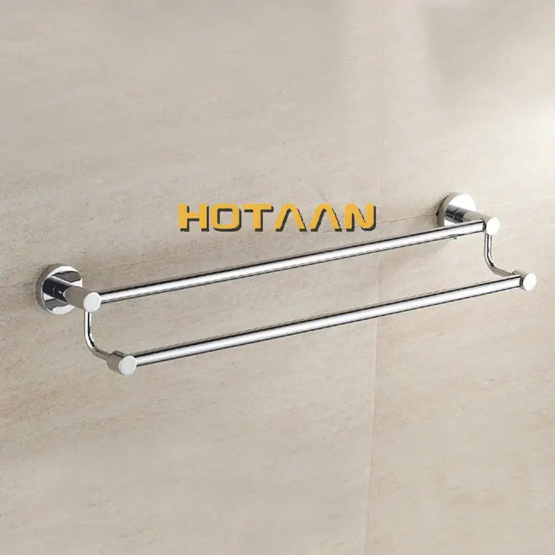 Modern chrome double towel bar bathroom rack featuring sleek double-tier polished metal bars for towel storage