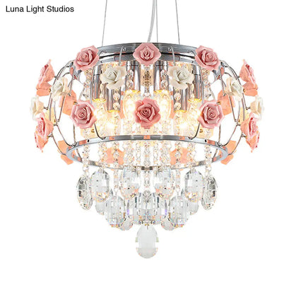 Modern Chrome Drum Cage Pendant Chandelier with 6 Bulbs and Pink Rose Crystal Drape – Dining Table Suspension Lamp