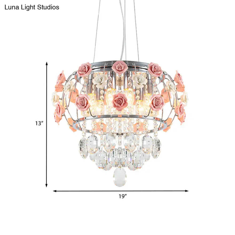 Modern Chrome Drum Cage Pendant Chandelier with 6 Bulbs and Pink Rose Crystal Drape – Dining Table Suspension Lamp