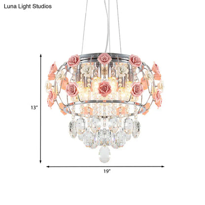 Modern Chrome Drum Cage Pendant Chandelier with 6 Bulbs and Pink Rose Crystal Drape – Dining Table Suspension Lamp