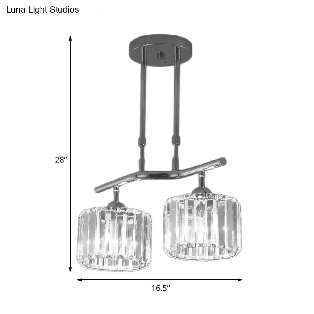 Decorbites modern chrome pendant light with two cylindrical crystal glass shades featuring vertical ridges for dining room island