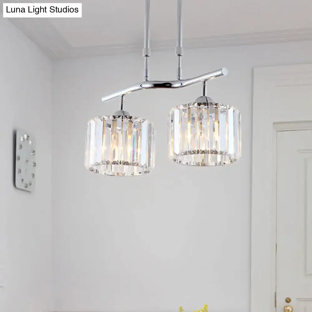 DecorBites modern chrome pendant light with two cylindrical crystal shades for dining room island lighting