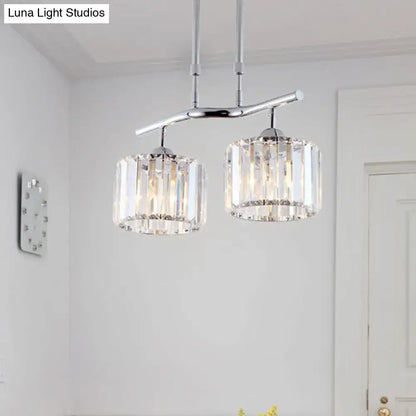 DecorBites modern chrome pendant light with two cylindrical crystal shades for dining room island lighting