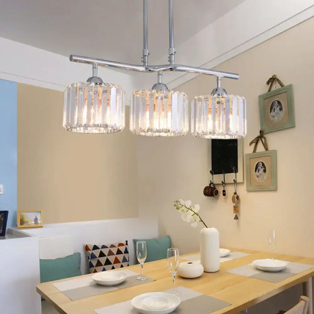 DecorBites™ modern chrome pendant light with three cylindrical crystal shades for dining room island lighting