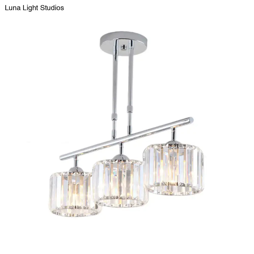 Modern chrome drum pendant light with faceted crystal shade in chrome finish ideal for bedroom lighting