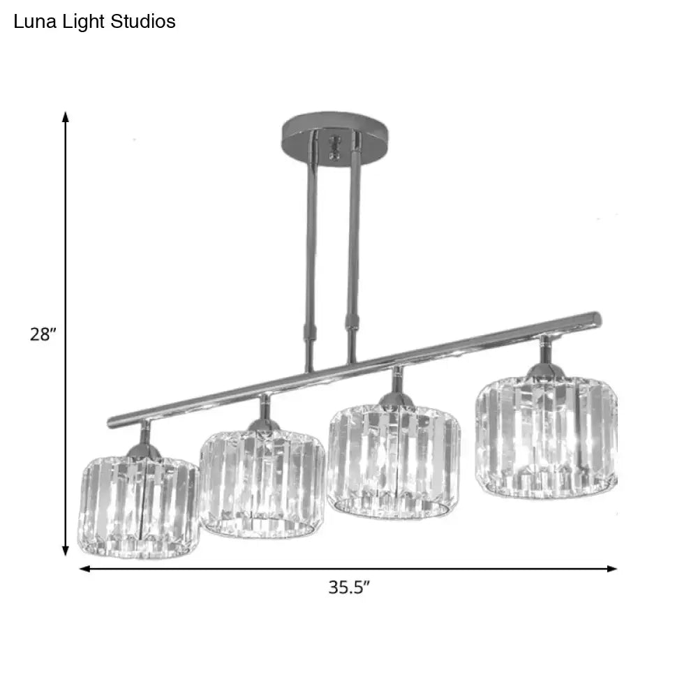 Modern chrome drum pendant light with four faceted crystal shades designed for bedroom use
