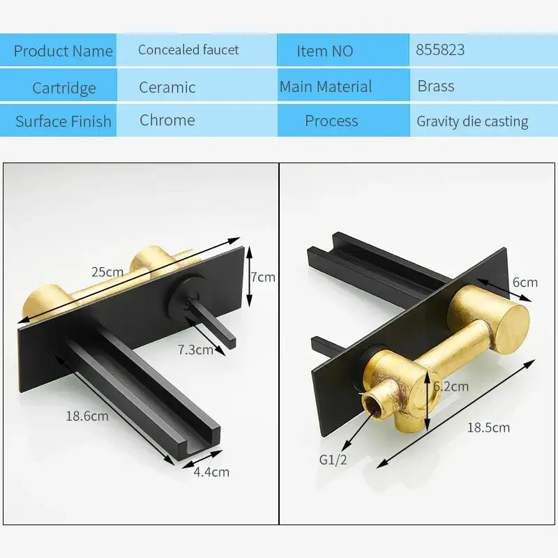 Modern chrome dual handle basin faucet in black and gold brass with ceramic cartridge for bathroom wall mounted use