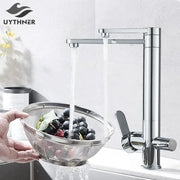 Modern chrome dual handle waterfilter kitchen faucet with chrome finish and 360 rotation for decorbites dual handle use