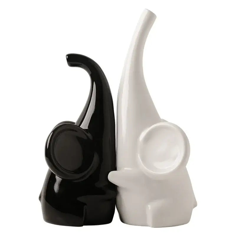 Black and white ceramic elephant sculpture salt and pepper shakers with glossy finish for modern decorbites elephant decor