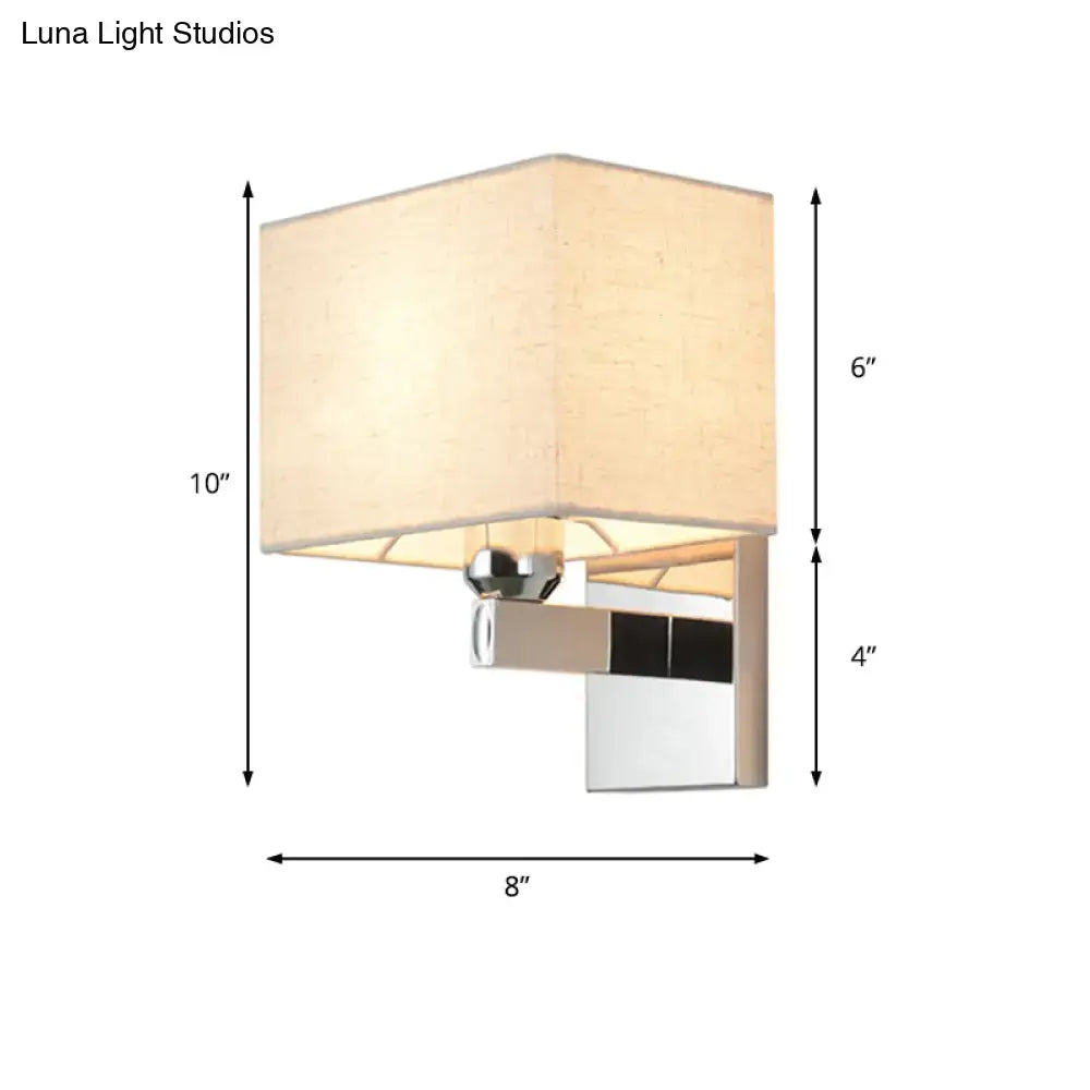 Modern chrome fabric led wall sconce with a square beige linen shade for stylish bedroom lighting