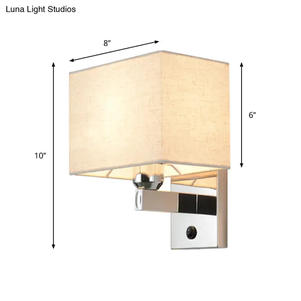 Modern chrome fabric led wall sconce with beige linen shade and metal base for bedroom lighting