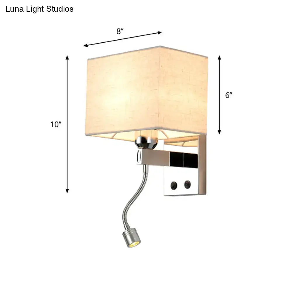 Modern chrome fabric led wall sconce with beige linen shade and adjustable gooseneck reading light for bedroom use
