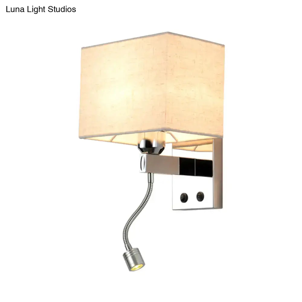 Modern chrome fabric led wall sconce with beige linen shade and adjustable gooseneck reading light for bedroom use