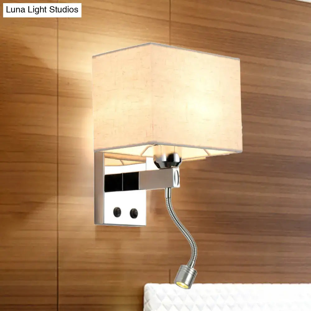 Modern chrome fabric led wall sconce with a beige linen shade and adjustable gooseneck spotlight for bedroom lighting