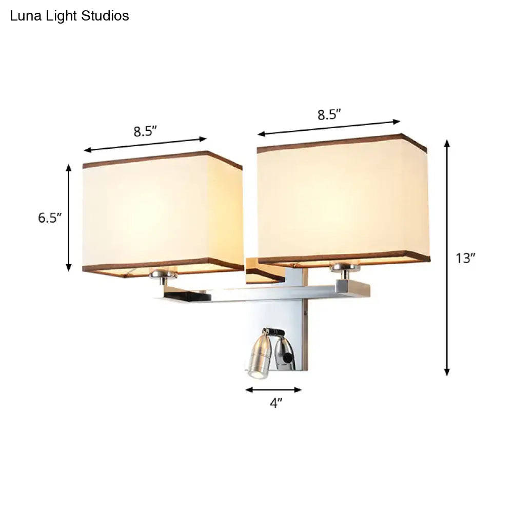 Modern chrome fabric led wall sconce with two beige shades and adjustable spotlight direct wired electric lighting fixture