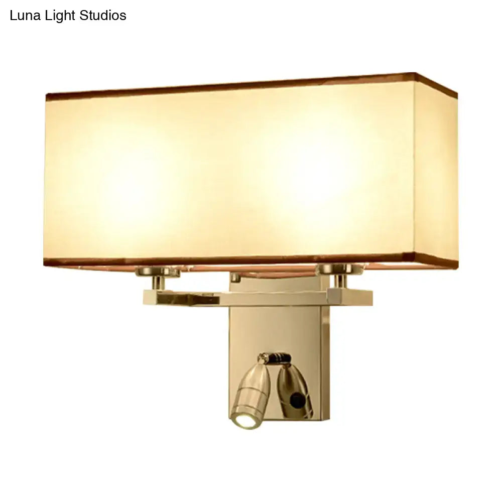 Modern chrome fabric led wall sconce with brass finish rectangular cream shade and two adjustable spotlights direct wired electric lighting fixture