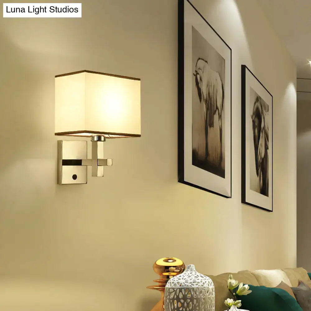 Modern brushed nickel wall sconce with square off-white fabric shade direct wired electric chrome lighting fixture inches width