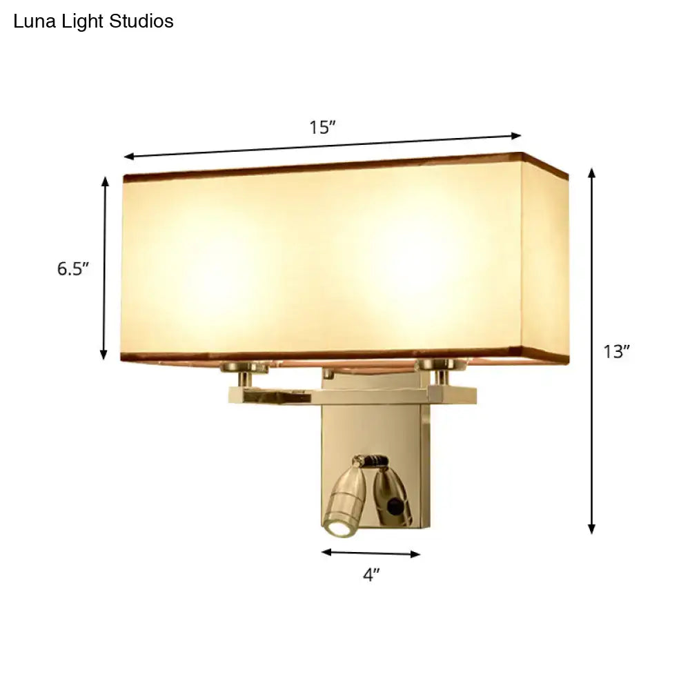 Modern gold-finished rectangular direct wired electric wall sconce with fabric LED lighting fixture and adjustable spotlights