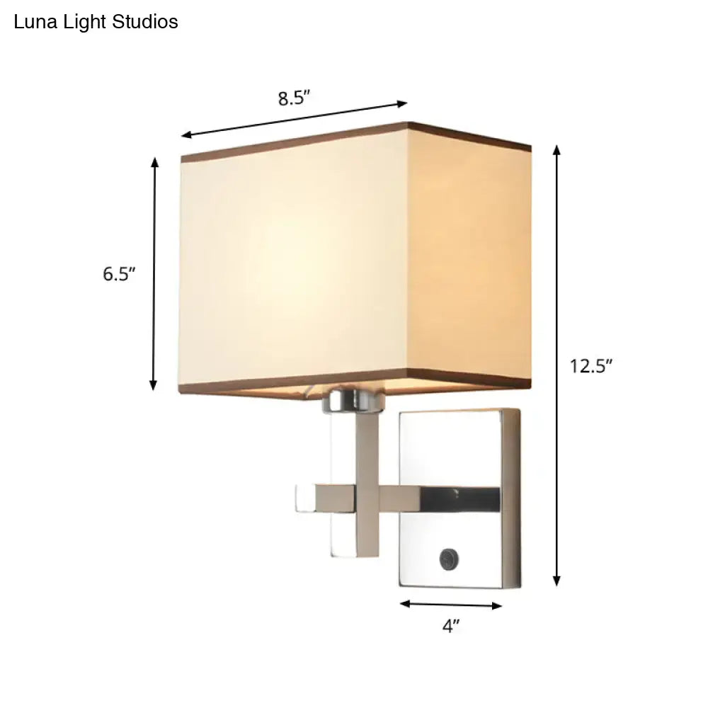 Modern chrome fabric led wall sconce with beige shade and brushed nickel frame direct wired electric lighting fixture