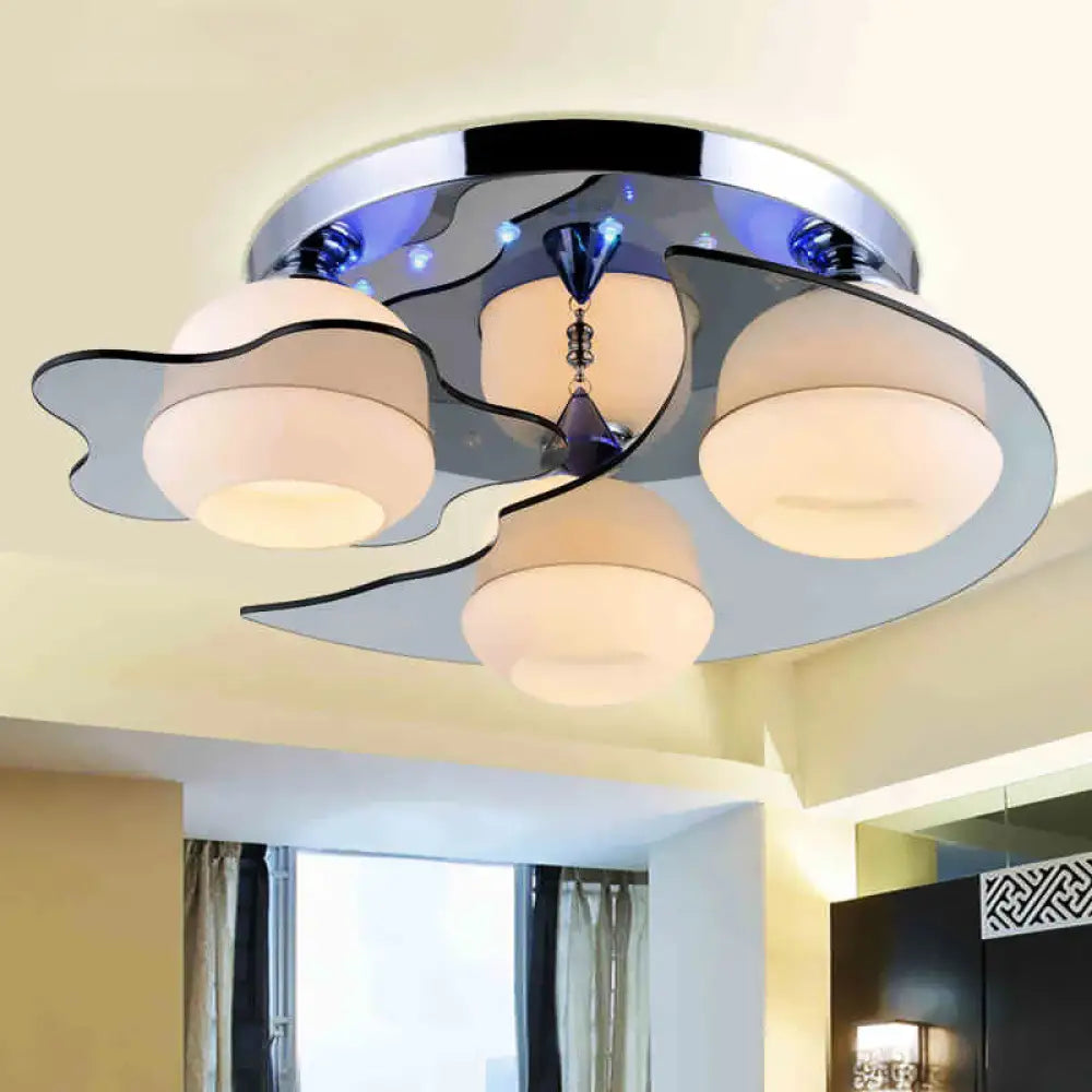 DecorBites™ DecorBites™ Modern Chrome Floral Flushmount Ceiling Light with Crystal Ball Drop - White Glass, 3/5-Head - Ideal for Living Room