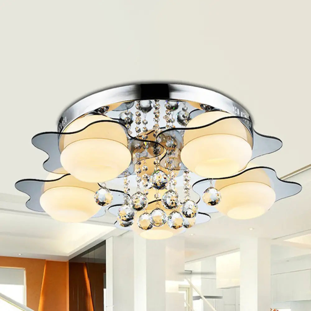 DecorBites™ DecorBites™ Modern Chrome Floral Flushmount Ceiling Light with Crystal Ball Drop - White Glass, 3/5-Head - Ideal for Living Room