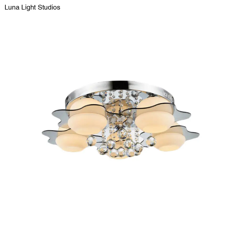 DecorBites™ DecorBites™ Modern Chrome Floral Flushmount Ceiling Light with Crystal Ball Drop - White Glass, 3/5-Head - Ideal for Living Room