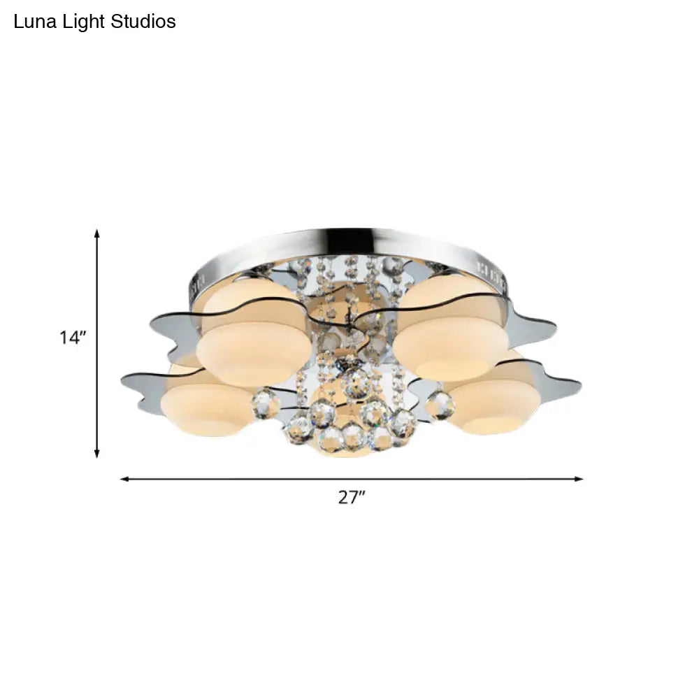 DecorBites™ DecorBites™ Modern Chrome Floral Flushmount Ceiling Light with Crystal Ball Drop - White Glass, 3/5-Head - Ideal for Living Room