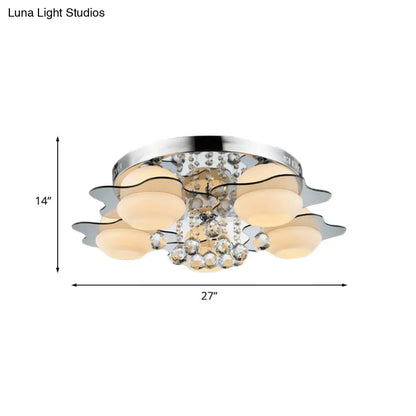 DecorBites™ DecorBites™ Modern Chrome Floral Flushmount Ceiling Light with Crystal Ball Drop - White Glass, 3/5-Head - Ideal for Living Room