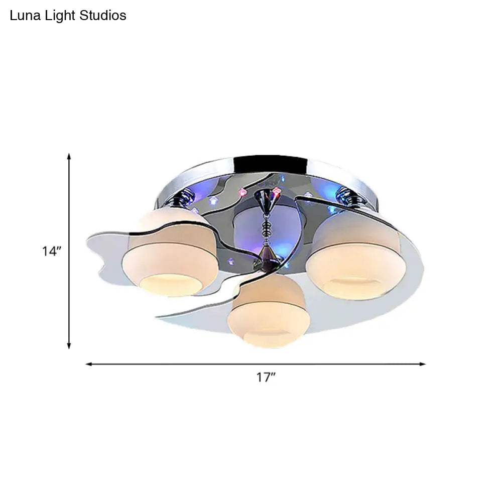 DecorBites™ DecorBites™ Modern Chrome Floral Flushmount Ceiling Light with Crystal Ball Drop - White Glass, 3/5-Head - Ideal for Living Room