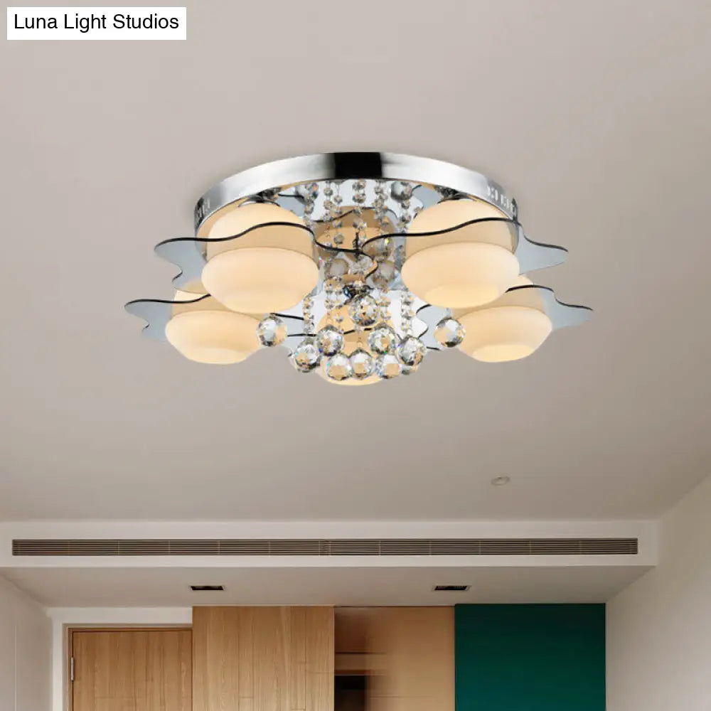 DecorBites™ DecorBites™ Modern Chrome Floral Flushmount Ceiling Light with Crystal Ball Drop - White Glass, 3/5-Head - Ideal for Living Room