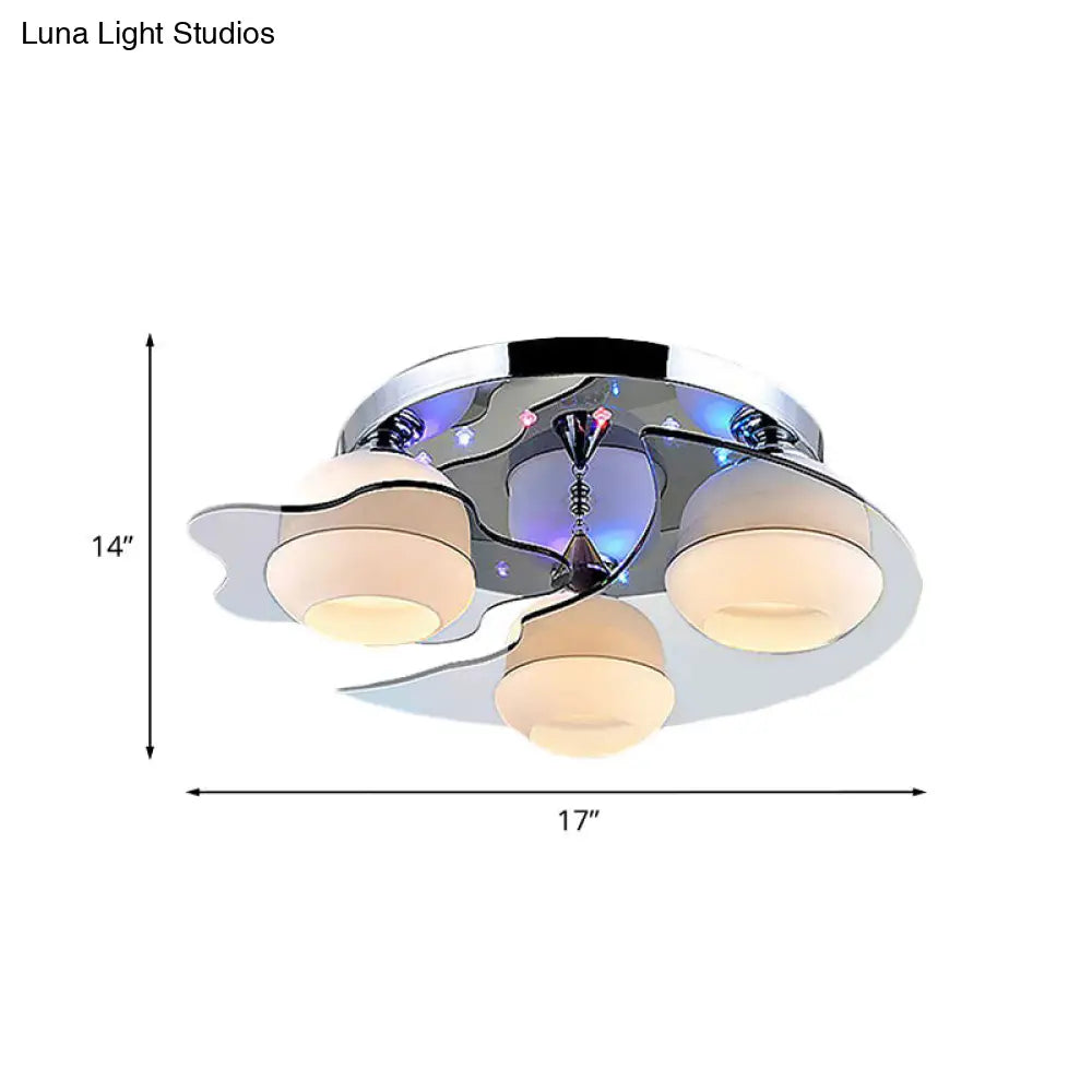 DecorBites™ DecorBites™ Modern Chrome Floral Flushmount Ceiling Light with Crystal Ball Drop - White Glass, 3/5-Head - Ideal for Living Room