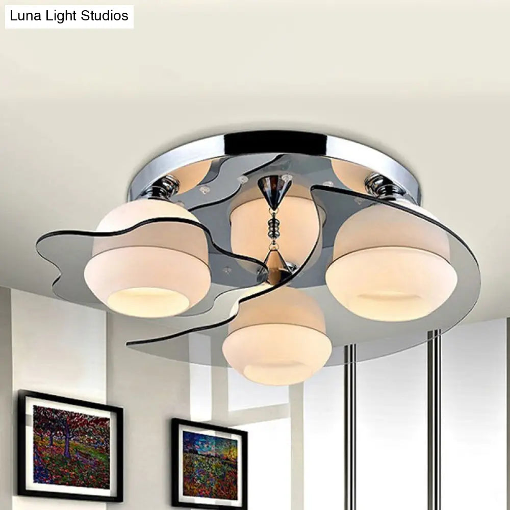 DecorBites™ DecorBites™ Modern Chrome Floral Flushmount Ceiling Light with Crystal Ball Drop - White Glass, 3/5-Head - Ideal for Living Room
