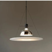 Modern chrome flying saucer chandelier with a sleek dome and wide frosted glass diffuser for living room lighting