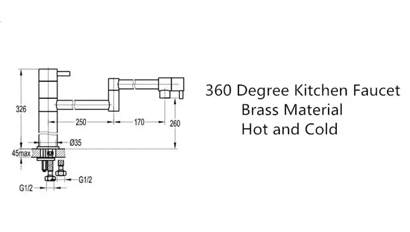 Modern chrome foldable kitchen faucet in brass with 360-degree articulated spout and hot and cold functionality
