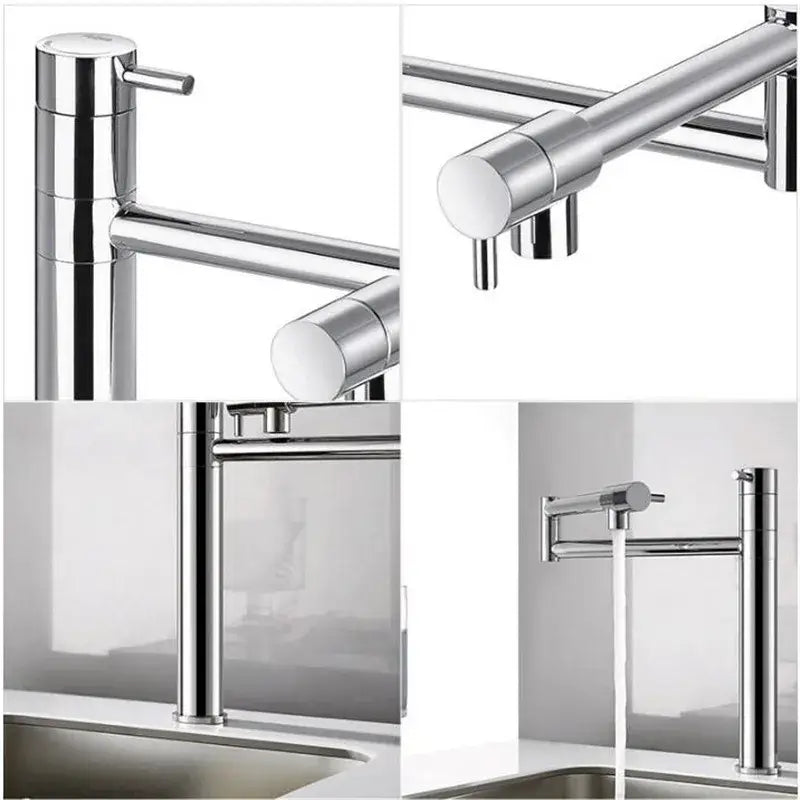 Modern chrome foldable kitchen faucet with chrome finish, articulated spout, and sleek minimalist pull-down design