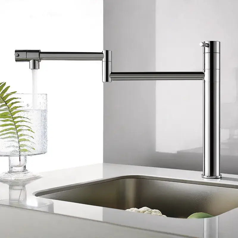 Modern chrome foldable kitchen faucet with a sleek articulated spout and chrome finish for versatile kitchen use