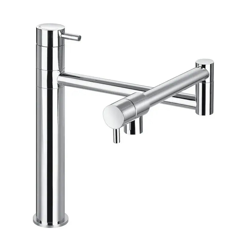 Modern chrome foldable kitchen faucet with articulated spout and dual handles in sleek chrome finish