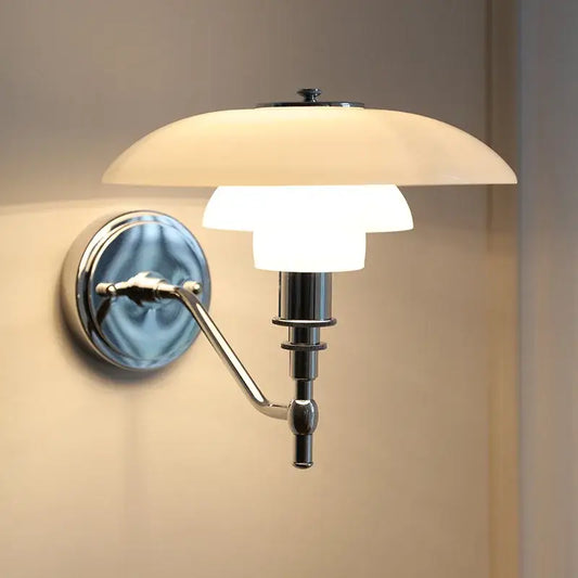 Modern chrome french glass wall lamp with frosted layered shade and articulated arm for bedroom decorbites french glass wall lamp