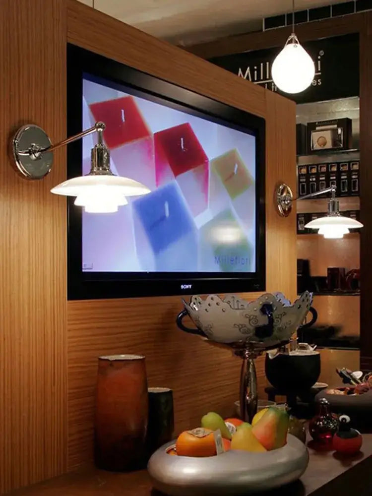 Sony television displaying colorful geometric shapes with modern chrome french glass wall lamp for decorbites french glass wall use