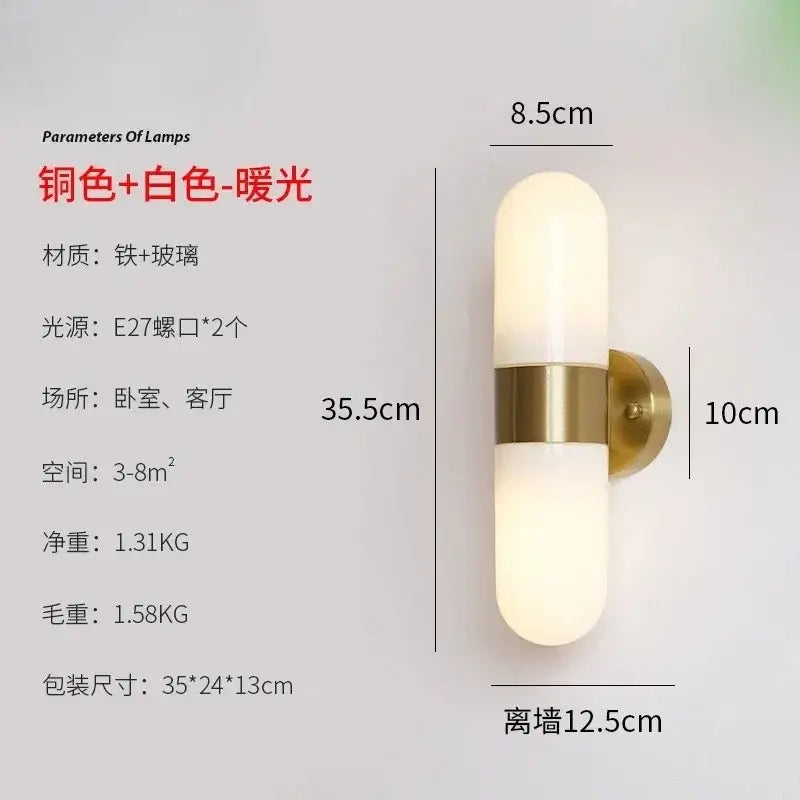 Copper and white warm-light wall sconce with glass diffuser, modern vanity mirror light for bathroom use