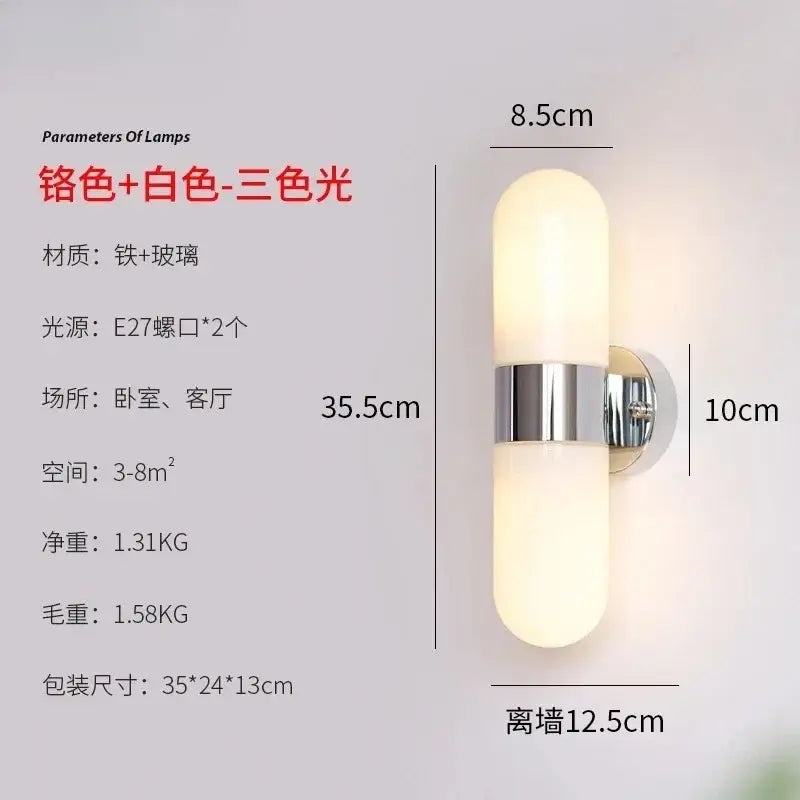 Modern chrome frosted glass vanity mirror light with dual cylindrical shades and metal bracket for bathroom sconce use